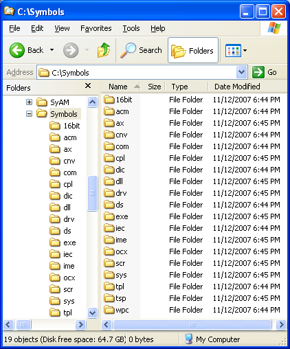 The Windows XP with Service Pack 2 retail symbols installed directories