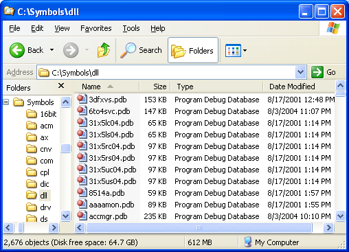 The Windows XP with Service Pack 2 retail symbols PDB files examples